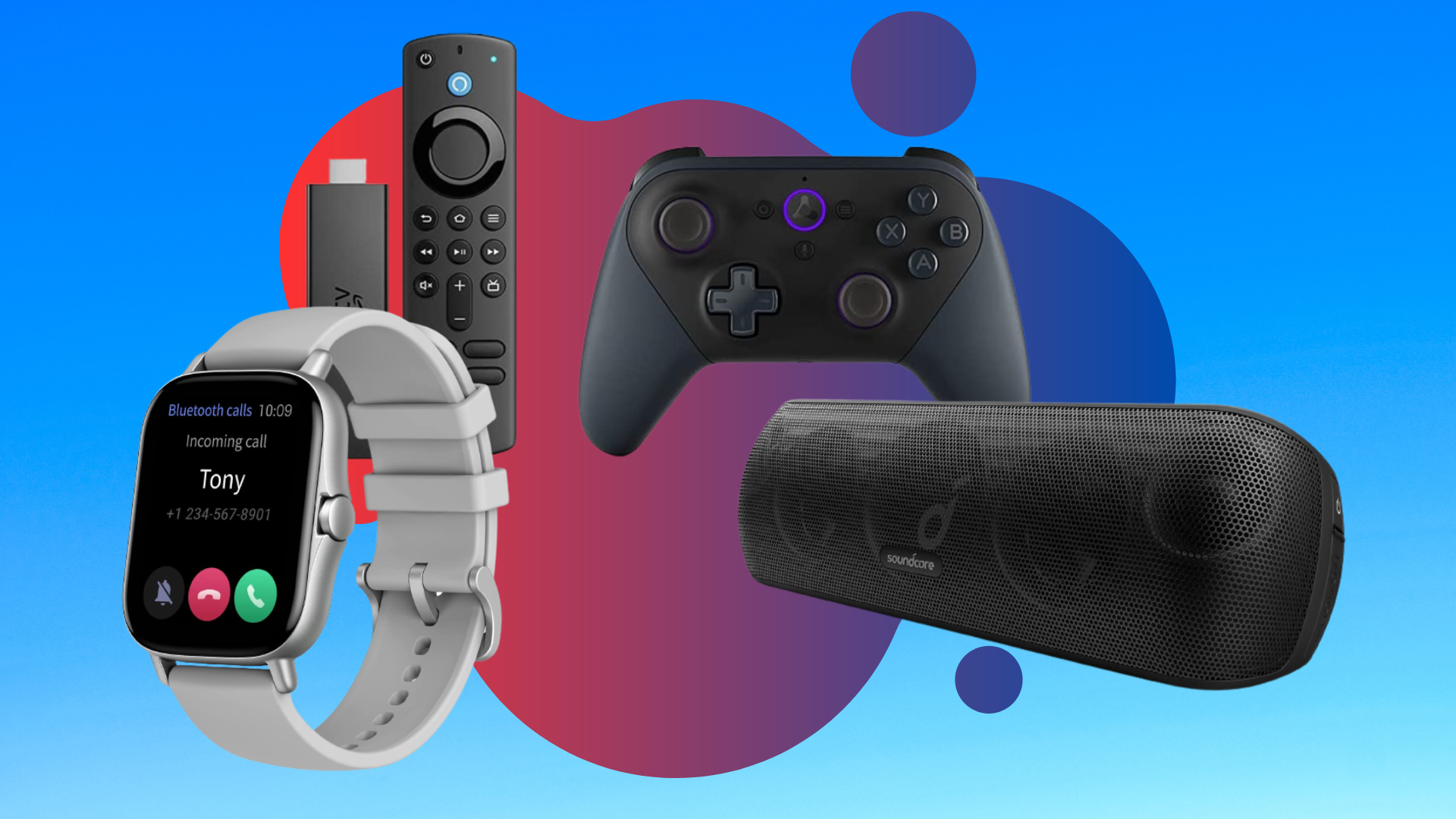 A collage with a smart speaker, a fire TV stick, a gaming controller, and a smart watch
