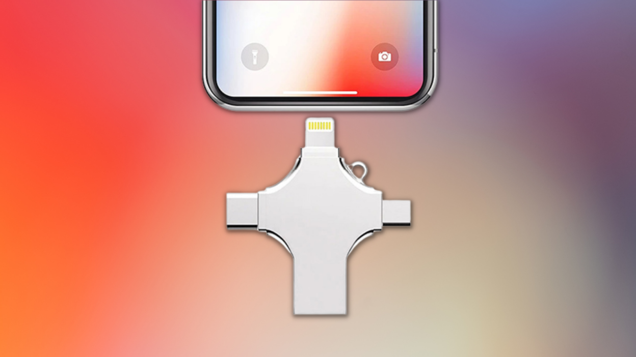 4-in-1 smart flash drive plugged into phone with colorful background