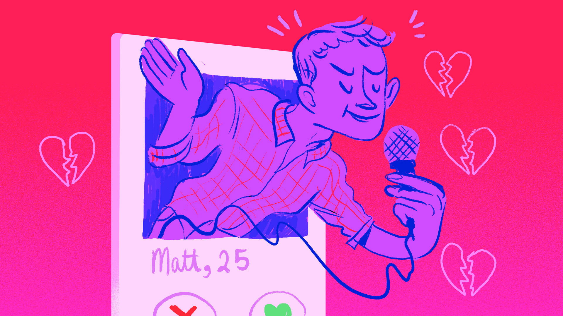 illustration of man emerging from dating app profile holding a microphone