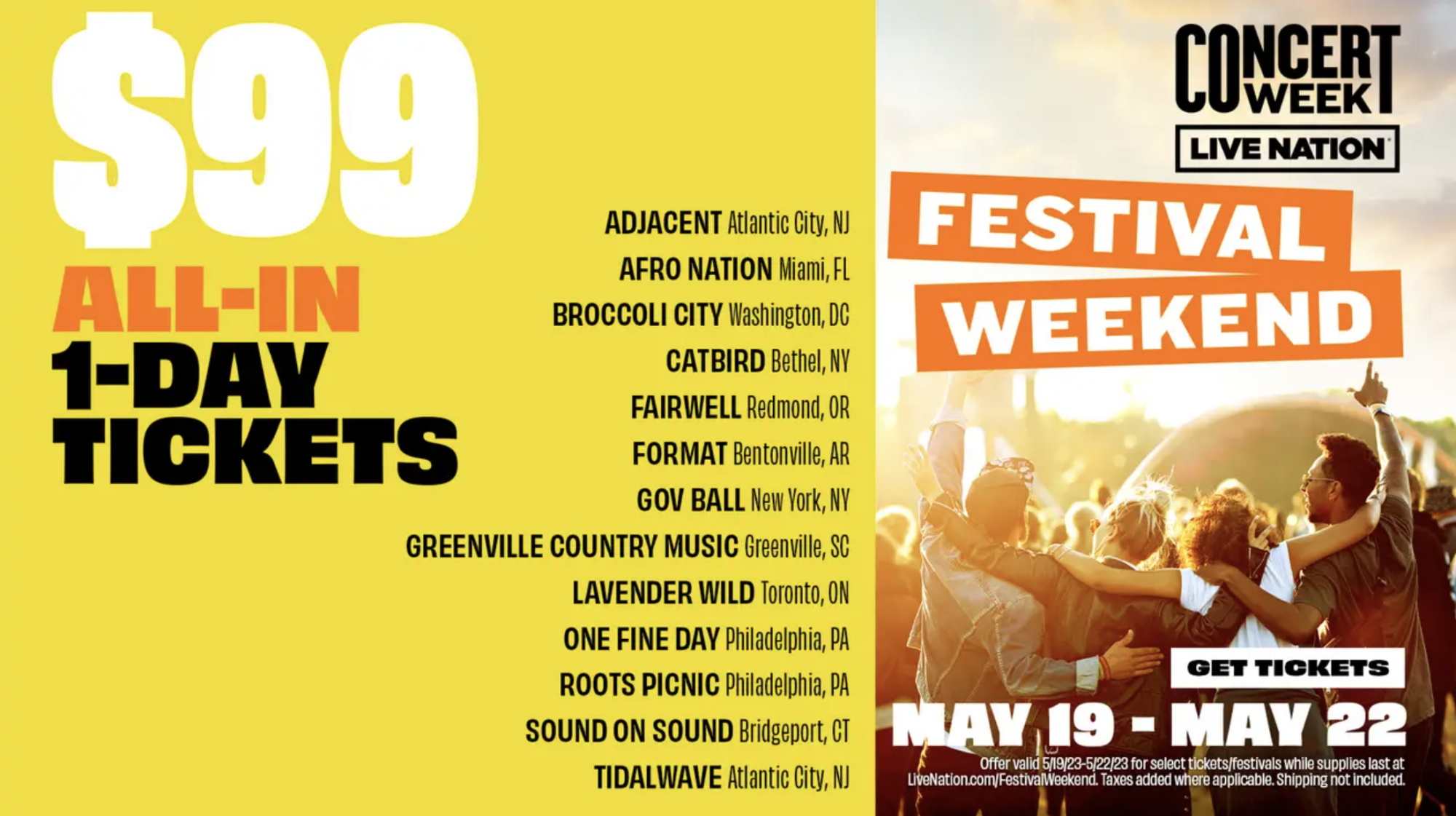 Live Nation Concert Week festival lineup graphic and festival goers in corner