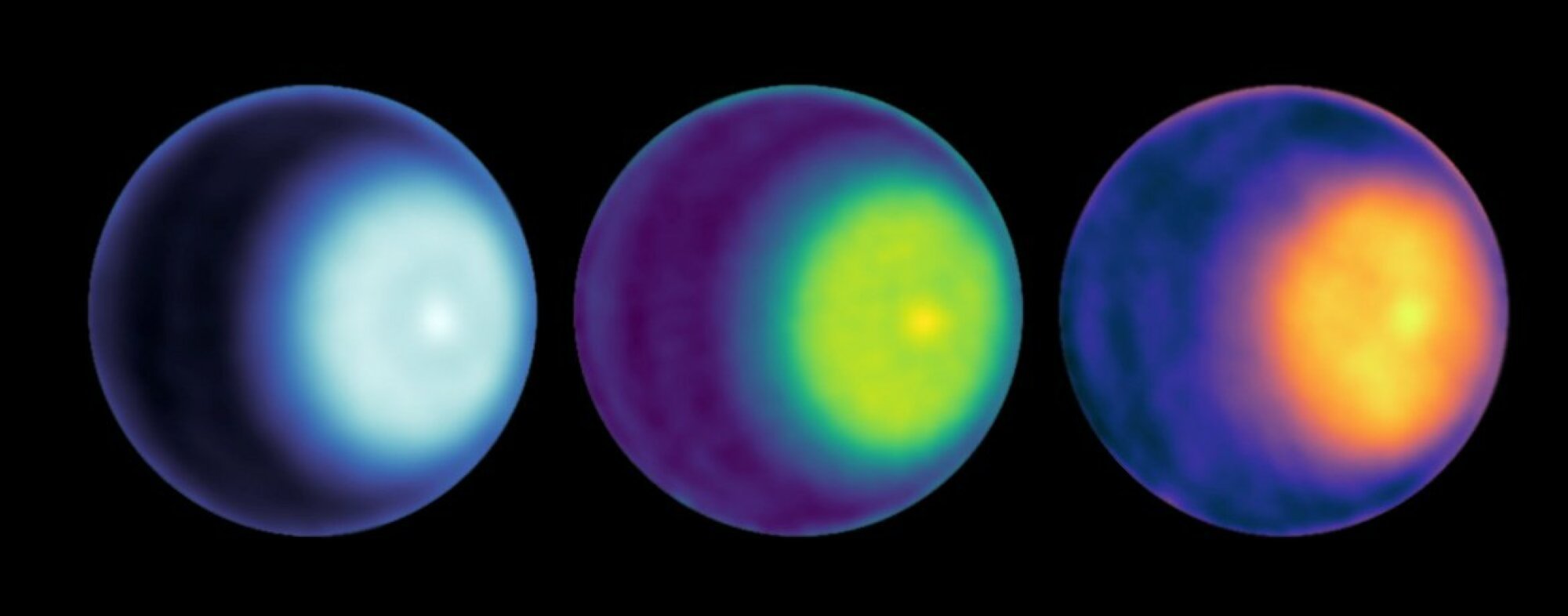 The cyclone atop Uranus seen in different light wavelengths. The cyclone is the lighter blue color at the right-center in each image.