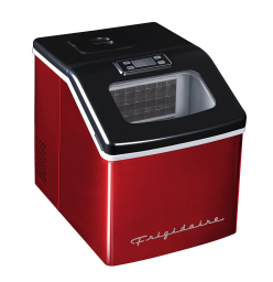 Red ice maker with black top and clear rectangle near control pad