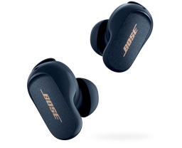 Bose quiet comfort earbuds in midnight blue against white background