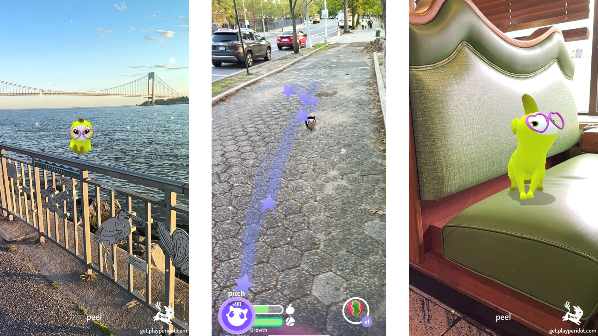 Three screenshots from the game: one showing Peel, my yellow banana-type dot, floating in the air in front of a harbor. The middle shows my black Peridot Pitch running towards me on the sidewalk. The third is a pic of Peel sitting in s green vinyl diner booth.