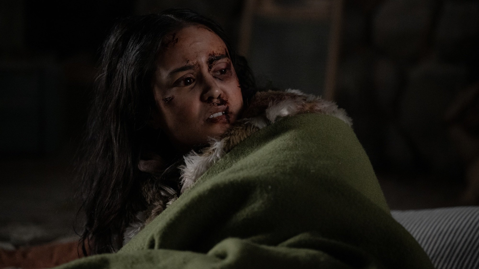 A young woman with a bruised and bloody face lying on the ground in a cabin.