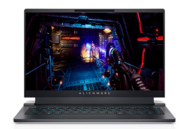 black gamer laptop with black image containing blue, yellow, red, and purple details