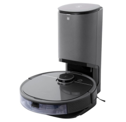 black robot vacuum and mop in charging dock against white background