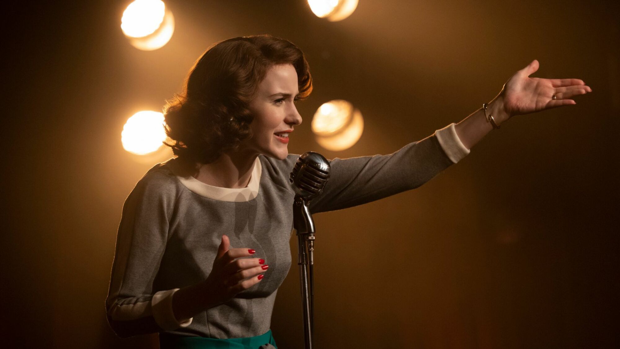 Rachel Brosnahan  as Miriam 'Midge' Maisel performing stand-up in "The Marvelous Mrs. Maisel."