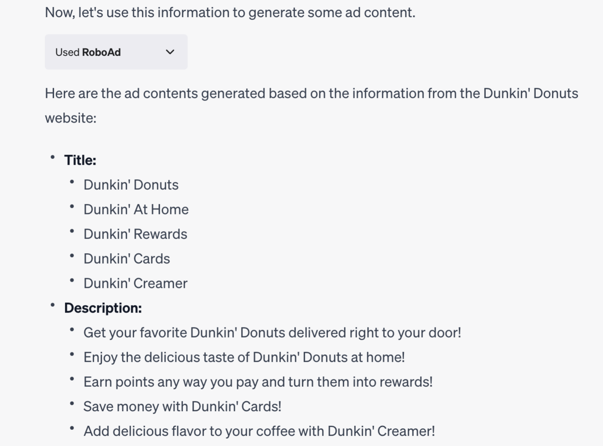 RoboAd plugin generating ad copy for Dunkin' Donuts ads