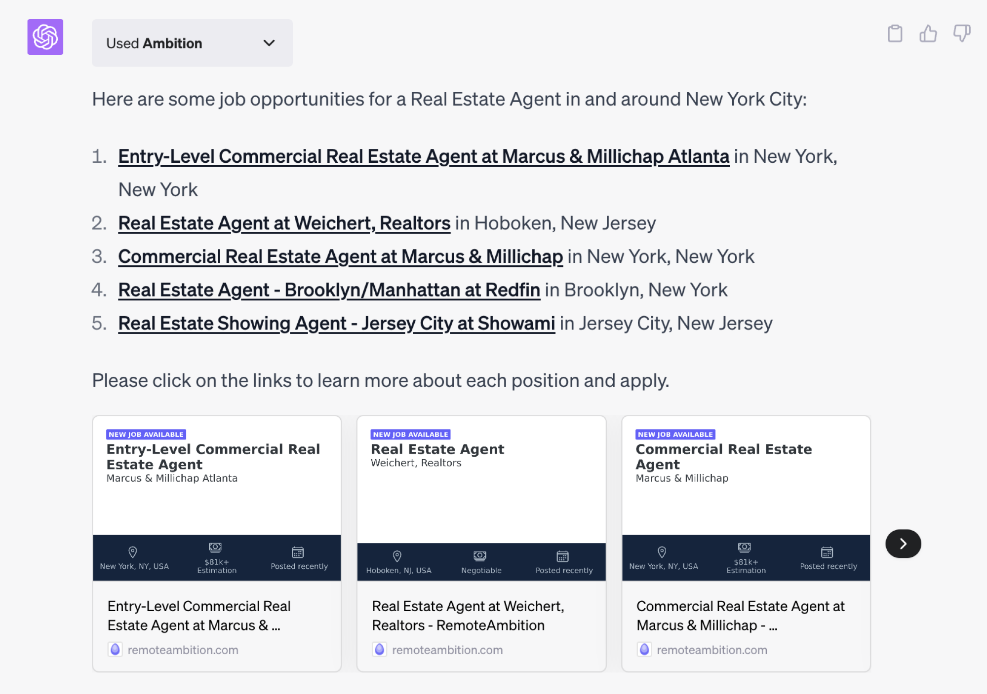 Ambition generated job listings for a real estate agent