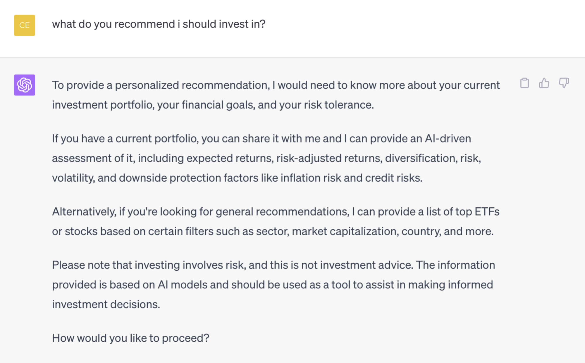 PortfolioPilot asking for information about an investment portfolio