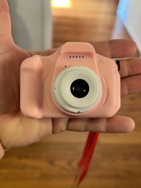small pink camera in the palm of an adult man's hand