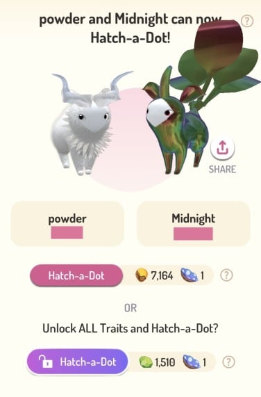 Screenshot from the app showing my peridot and a stranger's peridot, and the cost to "Hatch-A-Dot" from the two of them: one nest and 7,164 sundrops.