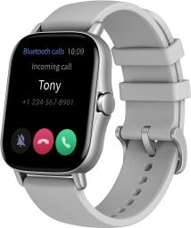 Silver smartwatch with a gray strap