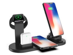 chargeup wireless charging station with phones, apple watch, and airpods