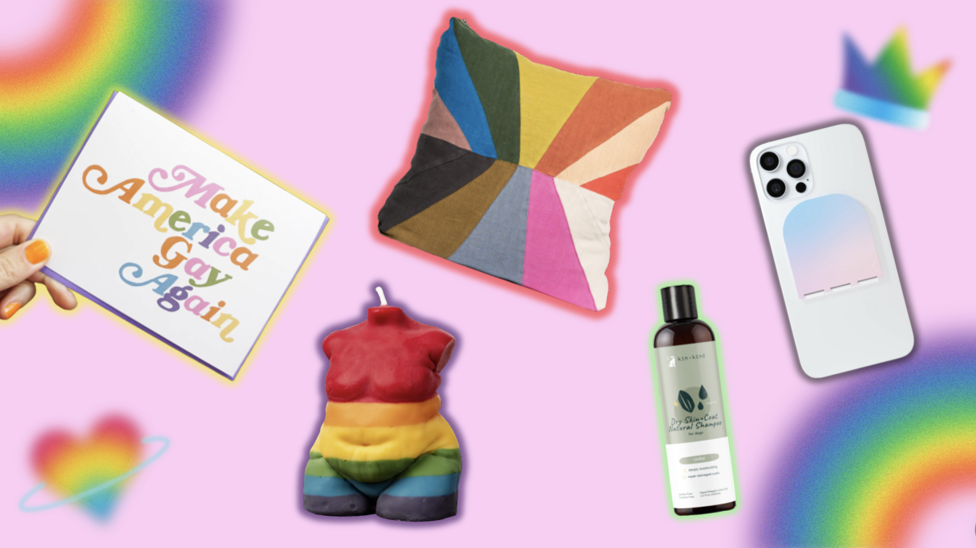 Items from Ash + Chess, CTOAN, Suay Sew Shop, kin+kind, and Flipstik from left to right over a colorful, Pride background.