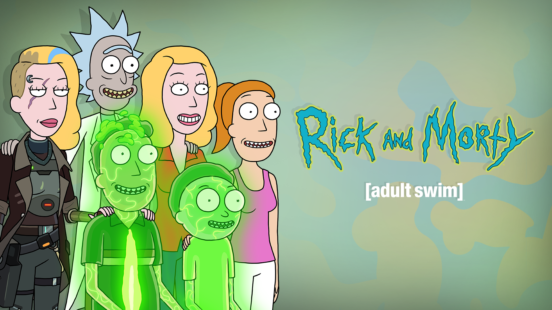 The main characters of Rick and Morty in front of a green and blue background. 