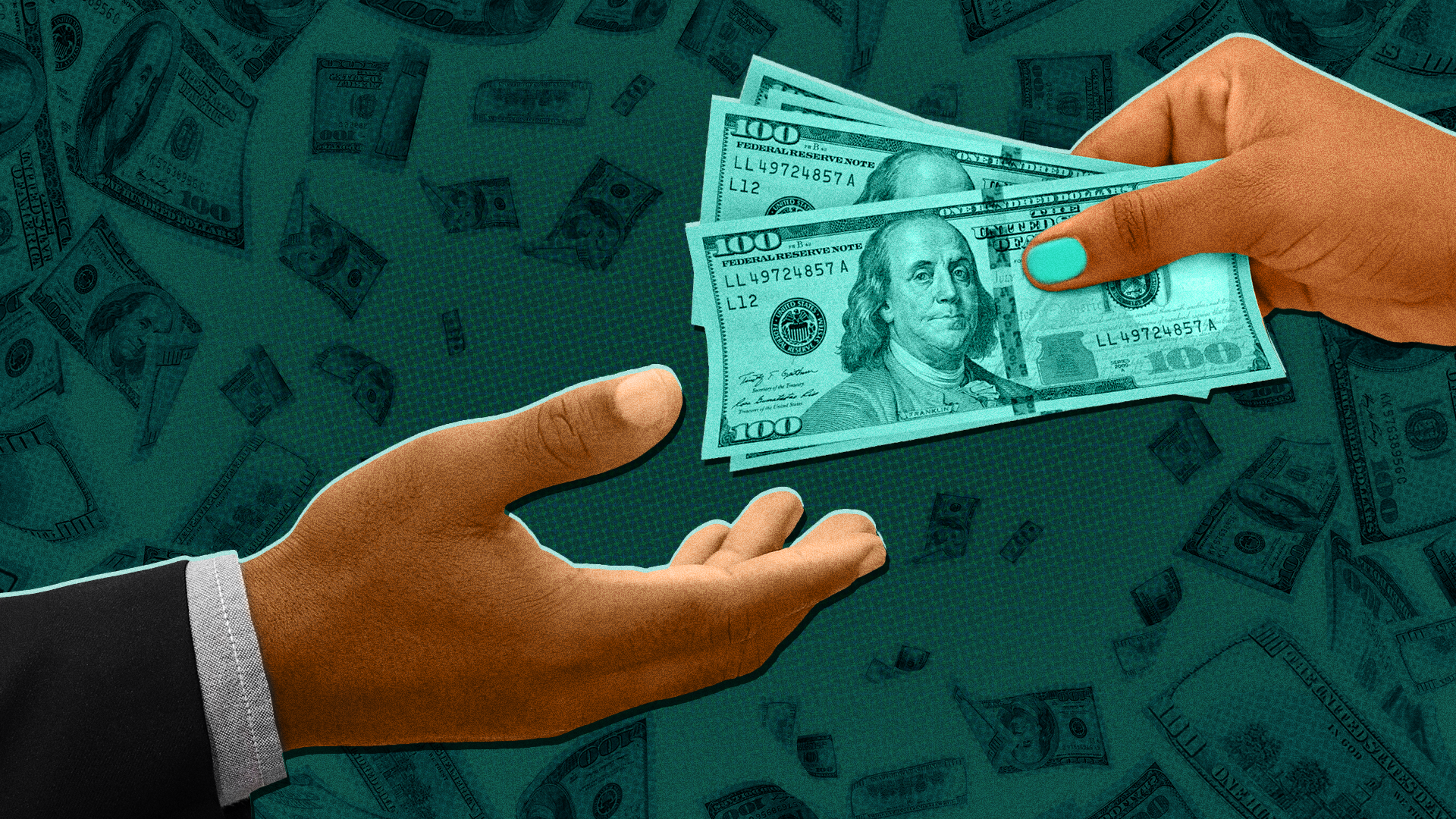 A hand passes 100-dollar bills to an outstretched hand over a dark green, cash-patterned background