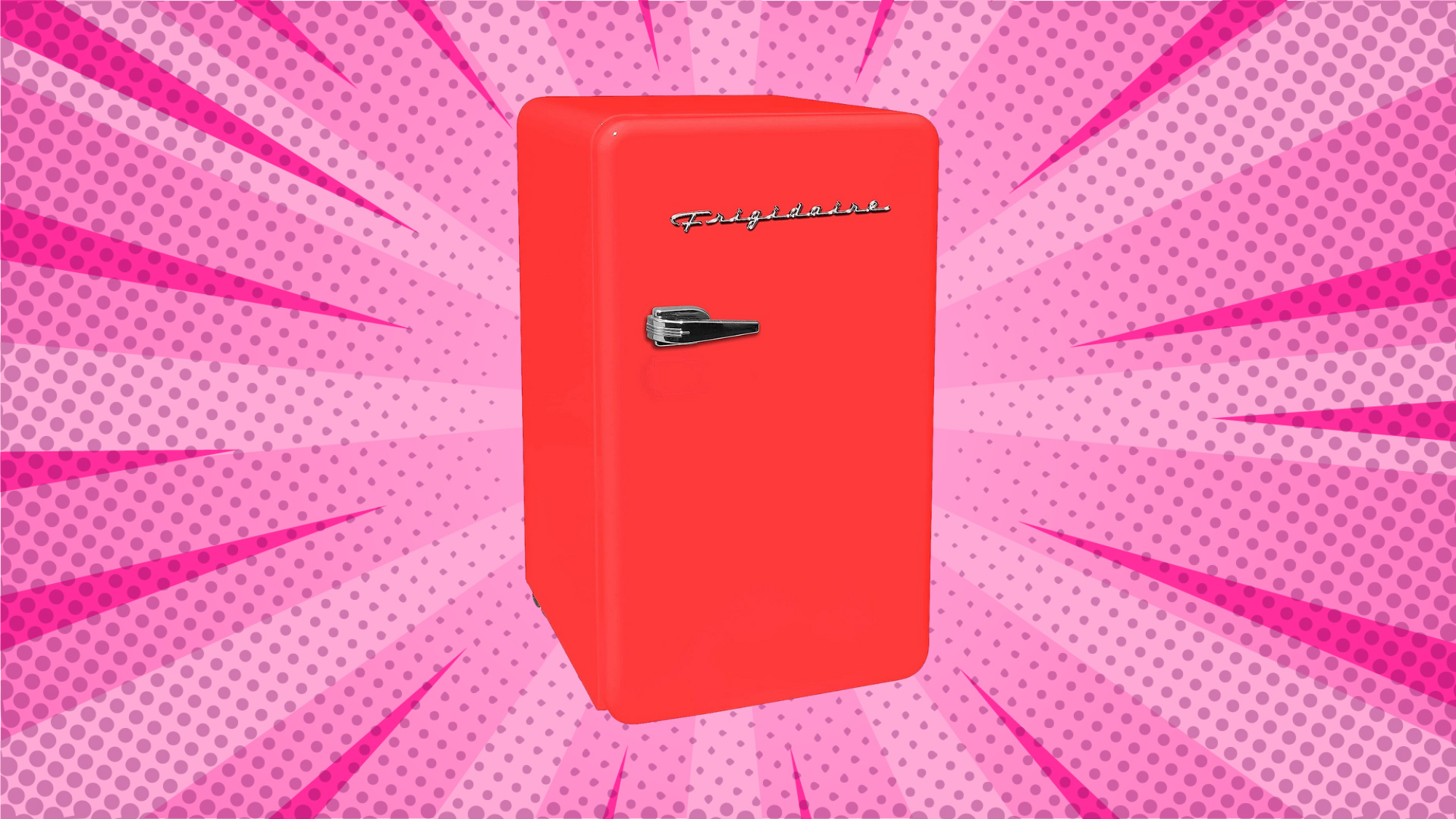 red retro mini fridge against a pink background 