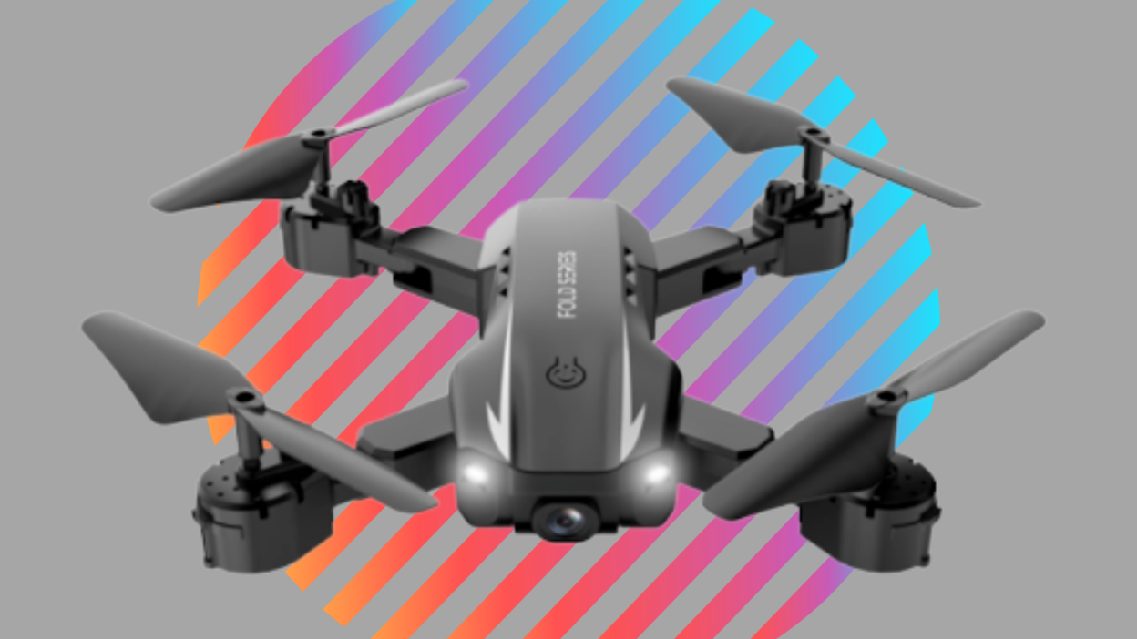 The Ninja Dragons Blade X 4K Dual Camera Drone on a background of colorful stripes that form a circle