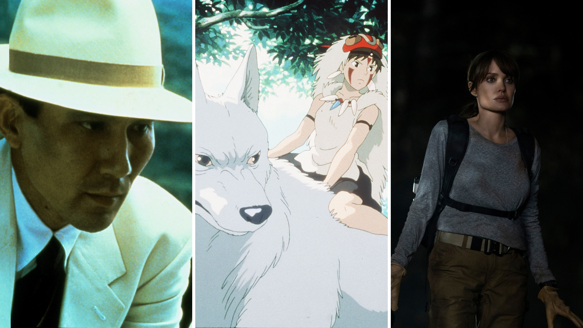 A collage of a man in a hat, a cartoon of a woman on a wolf, and a woman looking distressed. 