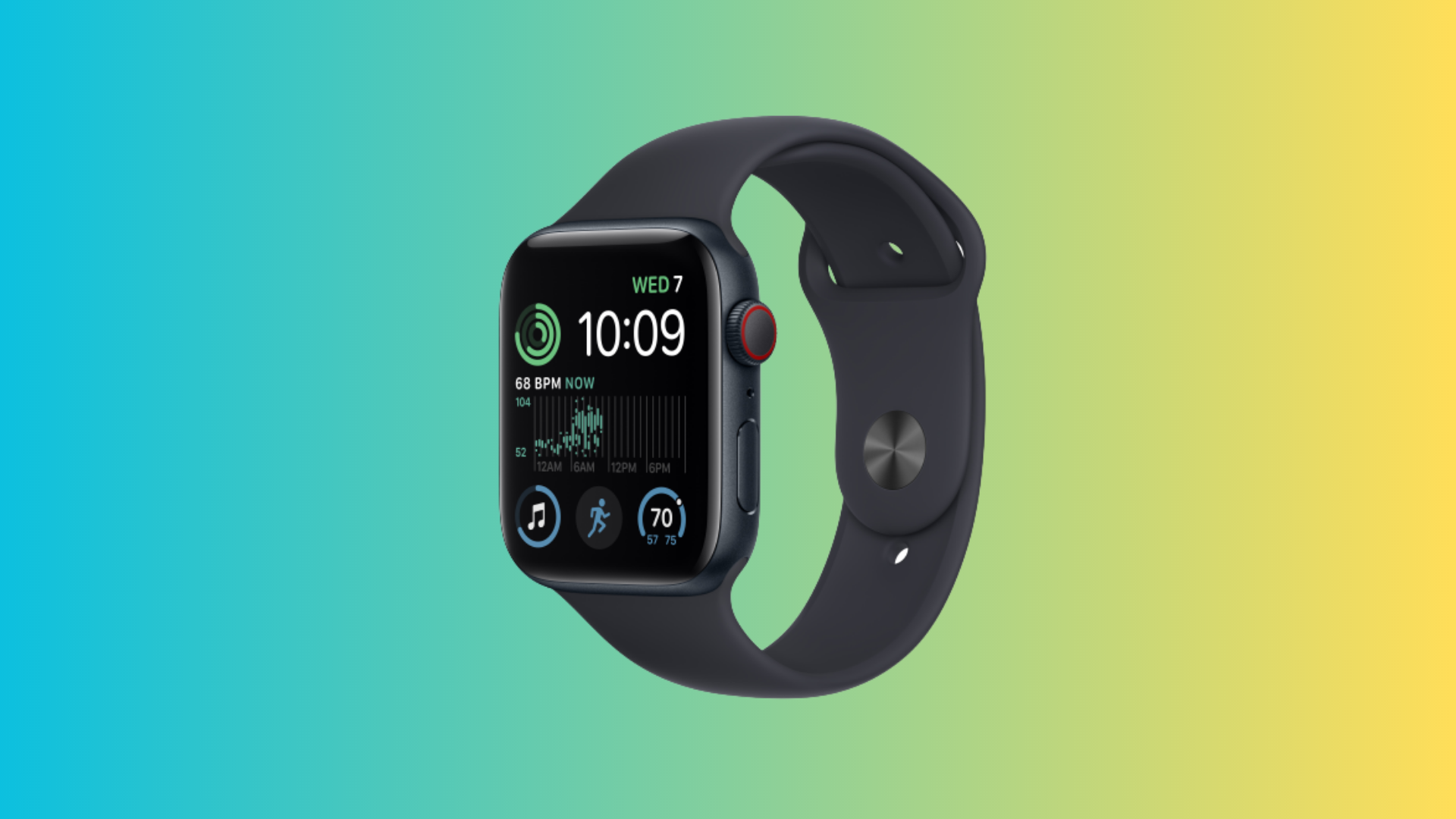 the Apple Watch SE (2nd gen) over a blue-green ombre background