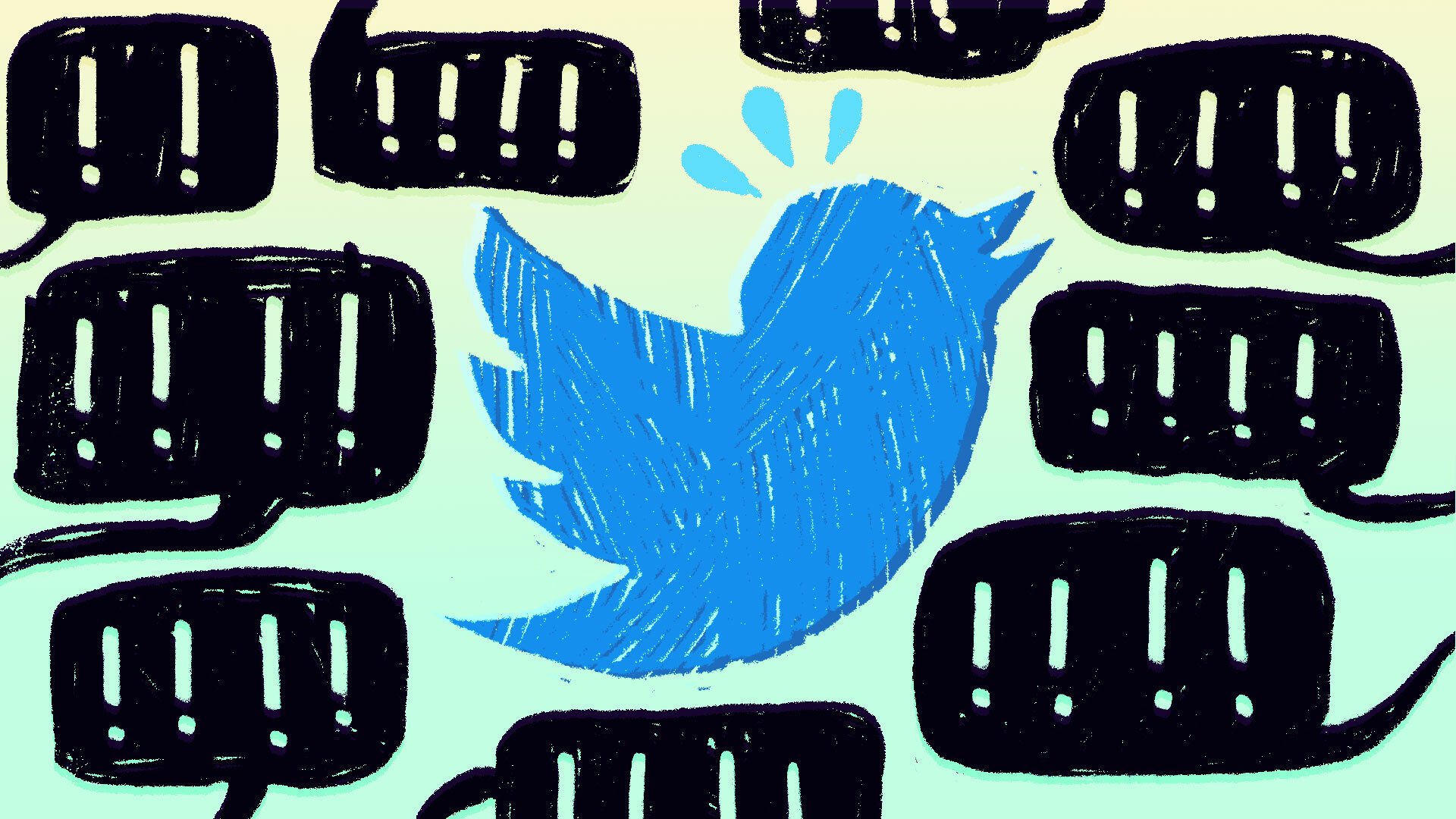An illustration of the Twitter logo surrounded by speech bubbles filled with exclamation marks.