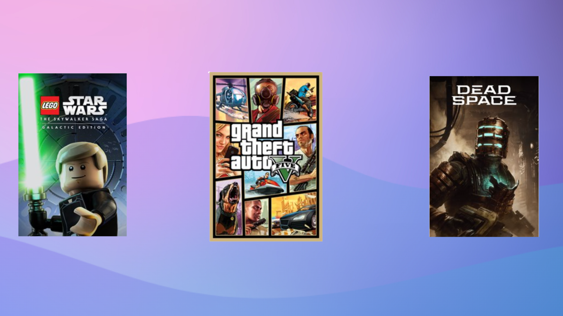 grand theft auto, lego star wars, and dead space against purple and blue background