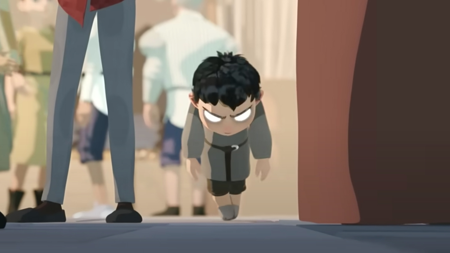 An animated image shows a small child with glowing white eyes hovering through a crowded street.