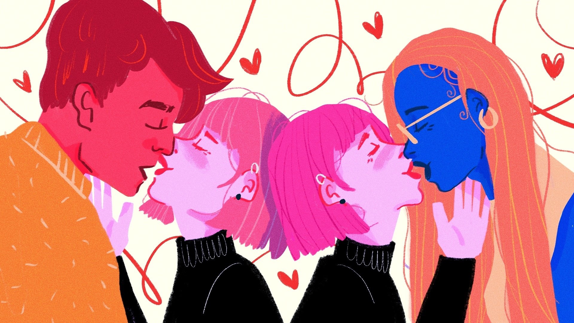 two couples, one straight and one sapphic, making out