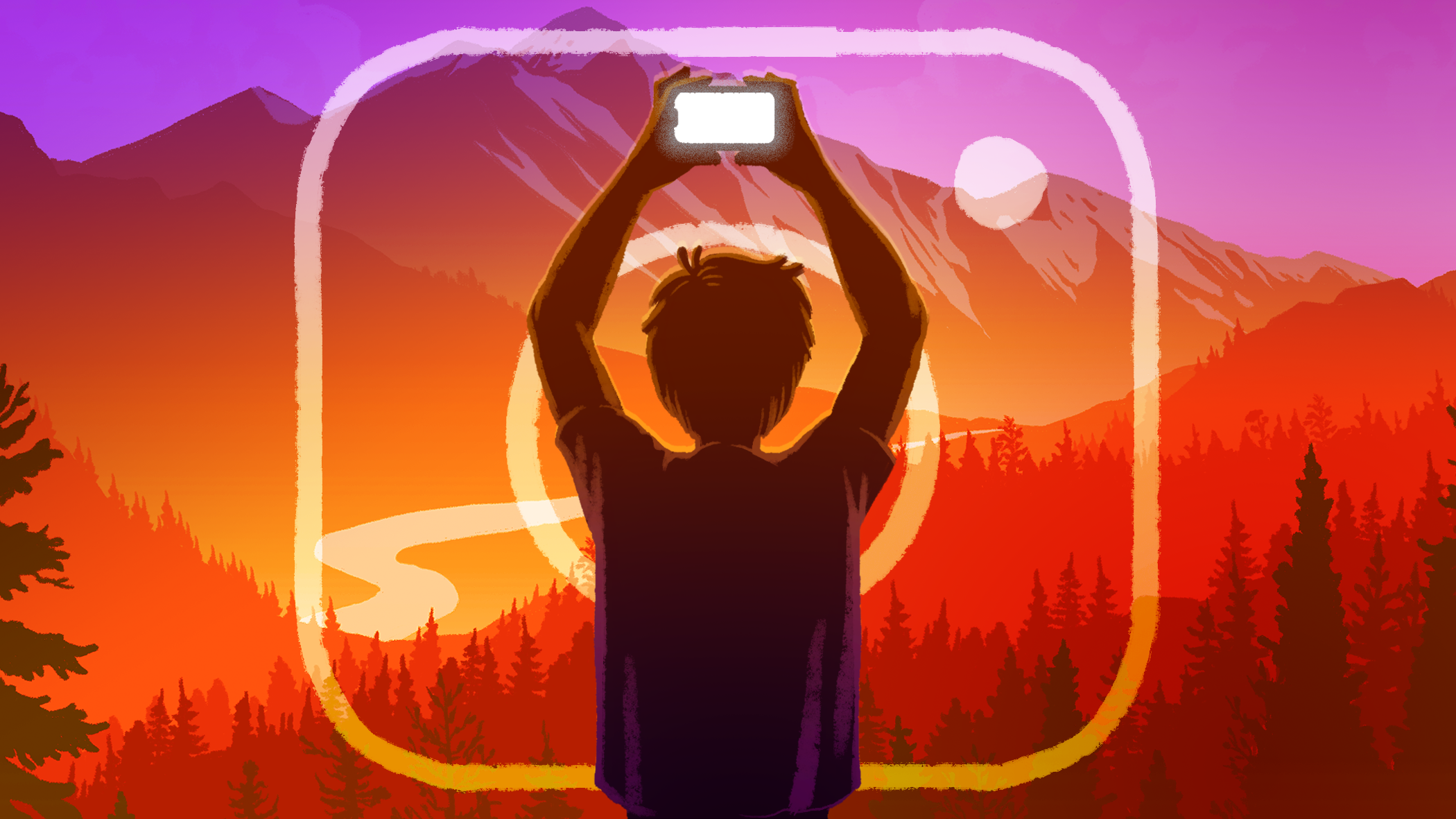 An illustration of a person holding up a phone in front of the Instagram logo.