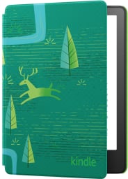 Kindle Paperwhite Kids e-reader with a whimsical, green cover depicting a deer and trees