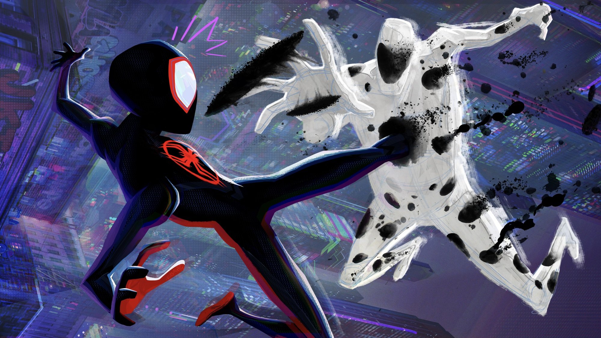 Miles Morales in his red and black Spider-Man suit kicks out at the Spot, a man with all-white skin covered in black holes.