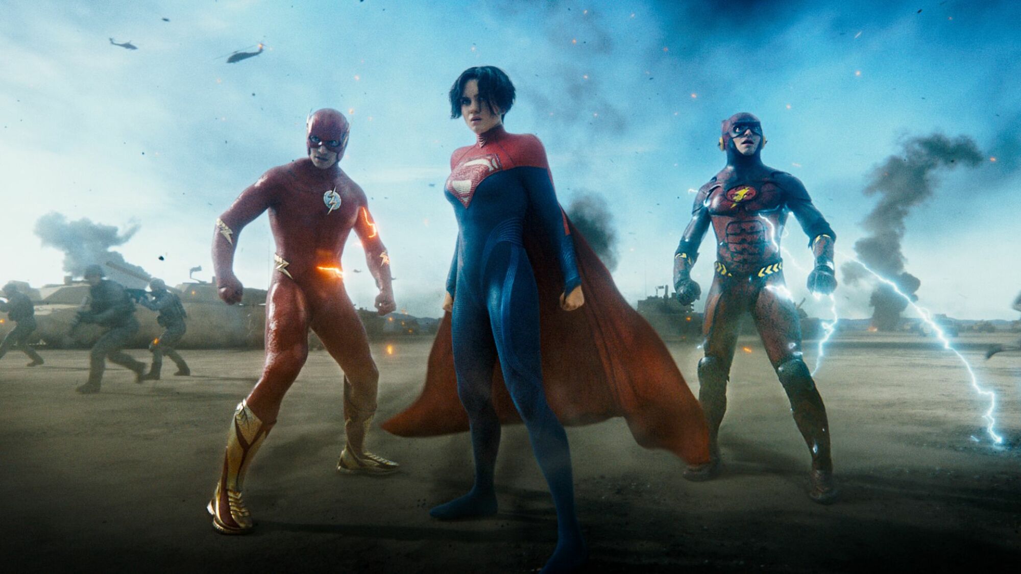 EZRA MILLER as Barry Allen/The Flash, SASHA CALLE as Kara Zor-El/Supergirl and EZRA MILLER as Barry Allen/The Flash in Warner Bros. Pictures’ action adventure “THE FLASH,” a Warner Bros. Pictures release.