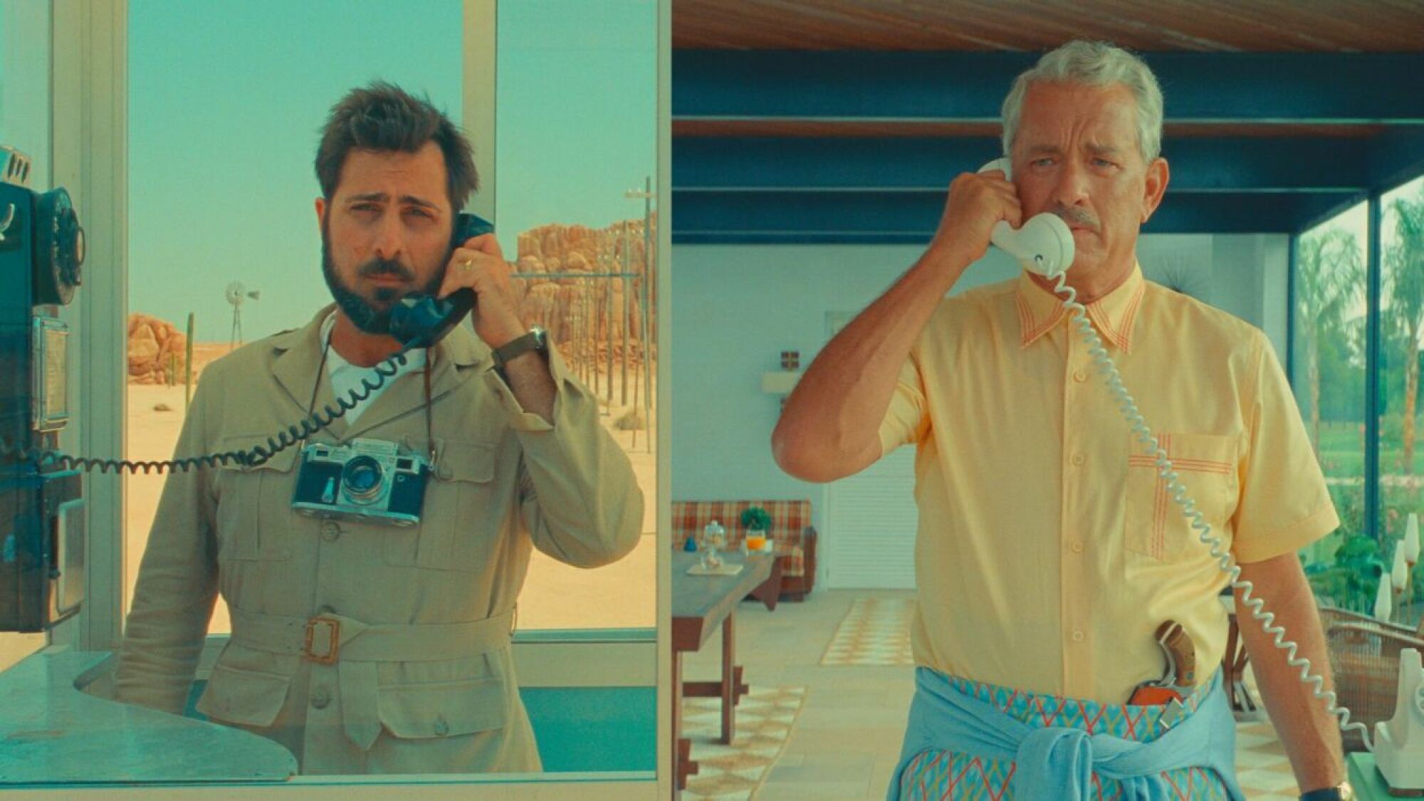 A side by side image of two men speaking on the phone. 