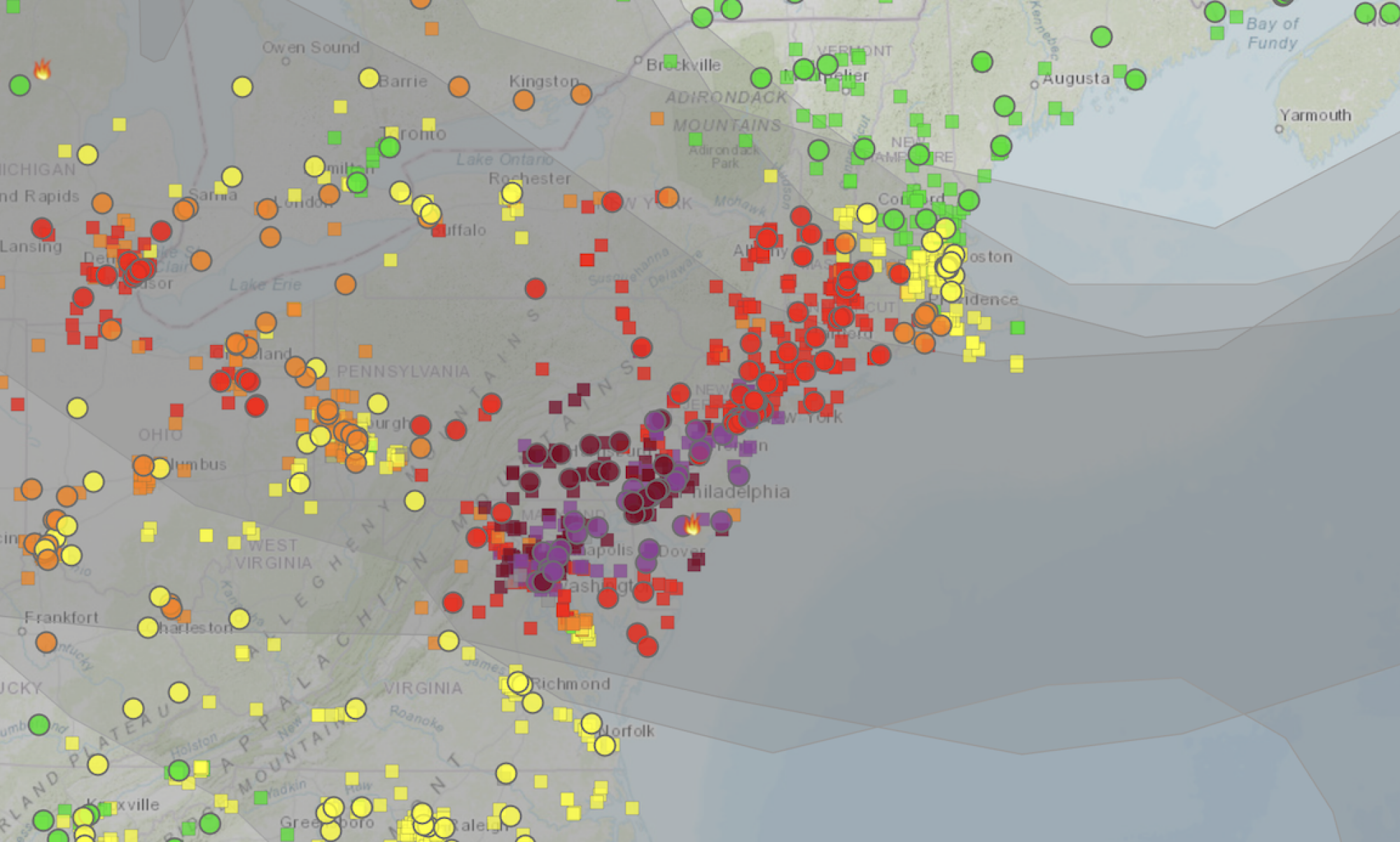 A view of the fire.airnow.gov air quality map on June 8, 2023.