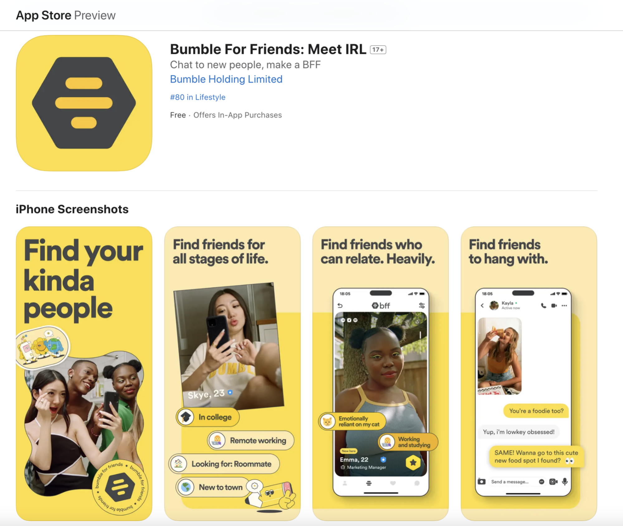 screenshot of bumble bff app in the app store