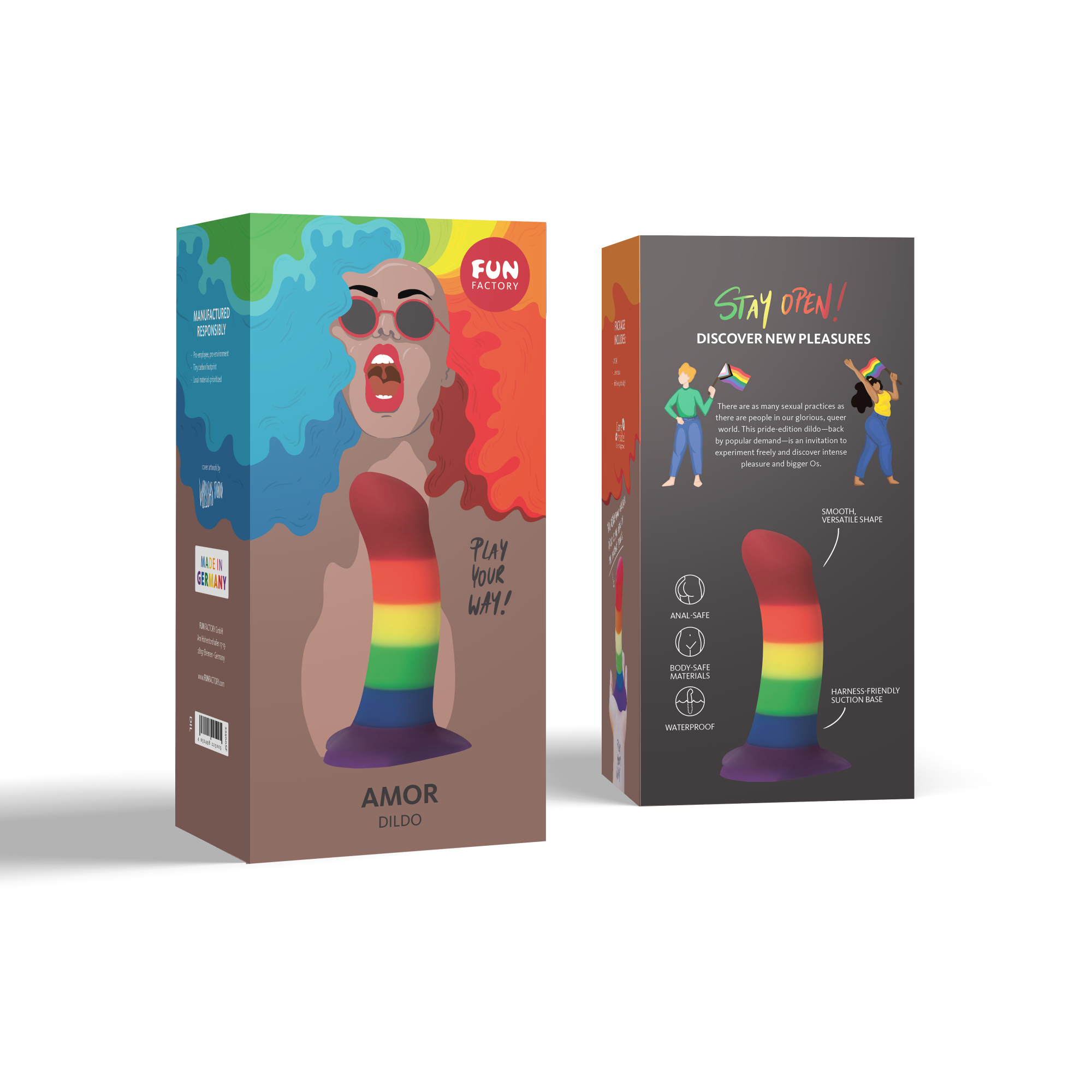 product packaging for the rainbow amor dildo