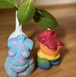 A pink, white, and blue candle and Pride rainbow colors candle standing in front of a white vase with leaves.