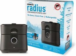 Thermacell Radius Zone Mosquito Repellent in a black color with its accompanying box 