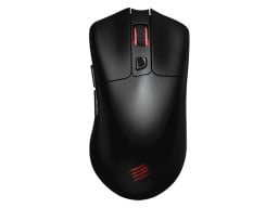 Black MOJO M2 wireless mouse positioned upright with a red-lined scroll wheel.