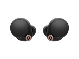 Circular Sony wireless earbud headphones in a black color over a white background