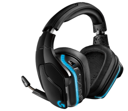black gaming headset with blue accents