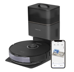 Black Roborock robot vacuum and dock and smartphone with home map on screen
