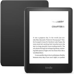 Front and back of Kindle Paperwhite with text on screen