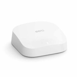 White, square-shaped eero 6+ router overlaid on a white background