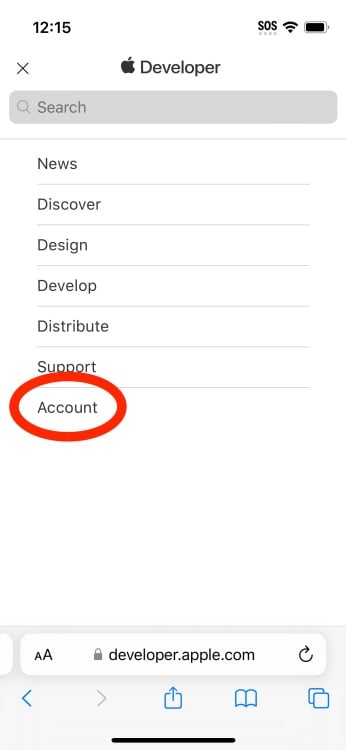 Account dropdown on the Apple developer site