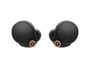 Circular Sony wireless earbud headphones in a black color over a white background