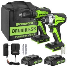 Greenworks 24V Brushless Cordless Drill Impact Driver Combo kit with all of its component parts over a white background