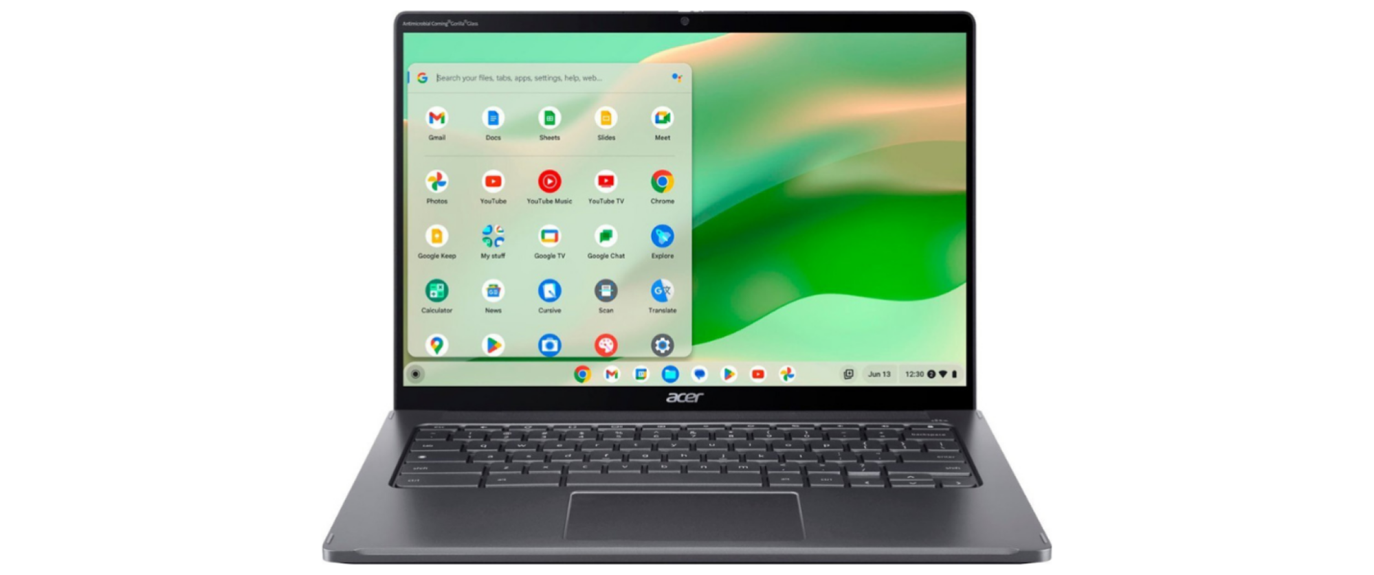 Acer Chromebook Spin 714 laptop with green design on desktop, showing multiple icons